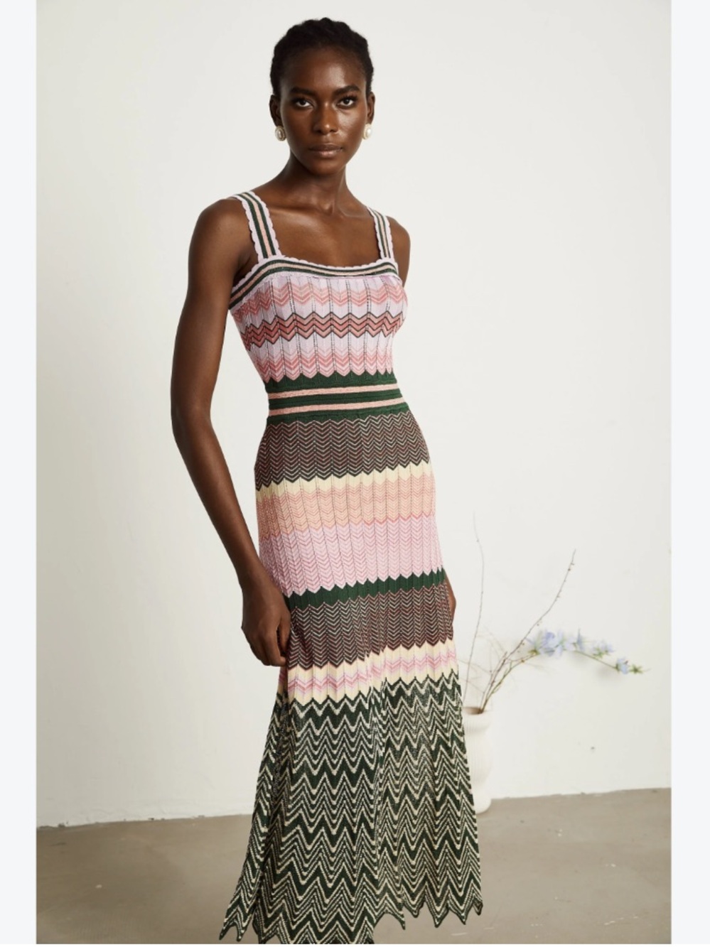 Pink and Green Contrast-Color Knitted Midi Dress